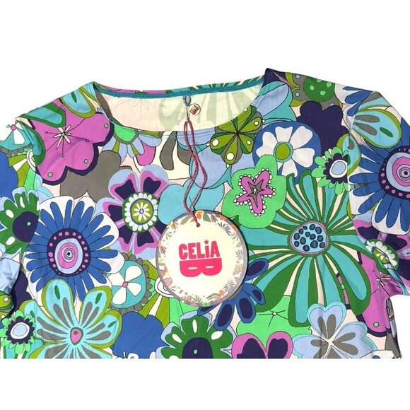 Celia B Sz L Top Blue Rinnes Floral Retro Retro Designer Hippie Boho Maximalist - Picture 3 of 4